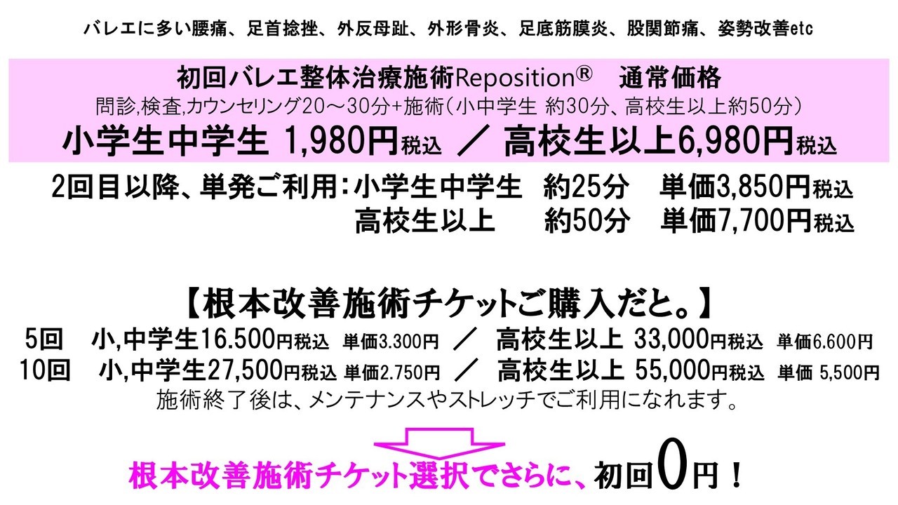 バレエ整体治療施術料金　 First-Time Ballet Therapy Session: Reposition® Consultation, Examination & Counseling (20–30 min) + Treatment ✅ Children (Elementary & Middle School): ~30 min → ¥1,980 (tax included) ✅ High School & Adults: ~50 min → ¥4,980 (tax included) Single Session Pricing (from the 2nd session onwards) ✅ Children (Elementary & Middle School) ~25 min → ¥3,850 (tax included) ✅ High School & Adults ~50 min → ¥7,700 (tax included) Discounted Treatment Packages Save more with our multi-session packages! 5-Session Package Children (Elementary & Middle School): ¥15,000 (¥3,300 per session) High School & Adults: ¥33,000 (¥6,600 per session) 10-Session Package Children (Elementary & Middle School): ¥27,500 (¥2,750 per session) High School & Adults: ¥55,000 (¥5,500 per session) ⭐ Purchase a package and get your first session FREE! After completing your treatment plan, you can continue with maintenance care and personalized stretching guidance to keep your body in peak condition.